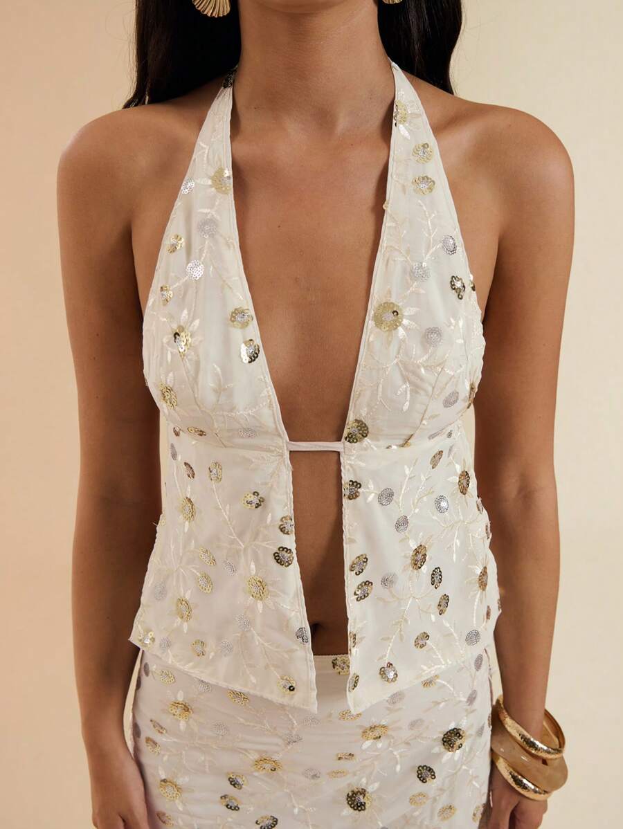 SHEIN BAE Women's Sexy Backless Sequined Camisole, Suitable For Beach Vacation, Champagne Color Sequin Embroidered Sleeveless Tank Top - Apricot - View 1