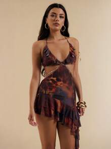 SHEIN BAE Women Sleeveless Halter Neck Hollow Lace-Up Asymmetrical Hem Ruffle Hem Summer Dress Woman S Summer Clothes Women Short Dresses Summer Women Summer Clothing,Dresses For Women Summer,Club Outfits Women Sexy, Halloween Clothes,Halloween Costume - Brown - View 4