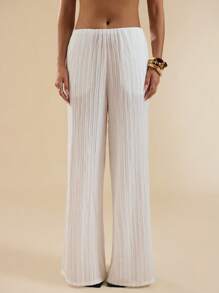 SHEIN BAE White Jacquard Knit Low Waist Loose Wide Leg Pants, Casual Vacation Beach Trousers, Spring/Summer - White - View 3