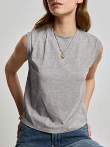 Airaco 女式纯色圆领休闲修身棉质吊带背心，夏季 - 灰色 - 查看 3