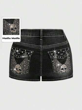 Grunge Punk Short en jean noir à grands bords avec décoration de strass, ailes punk et crâne brodés, grande taille pour femmes