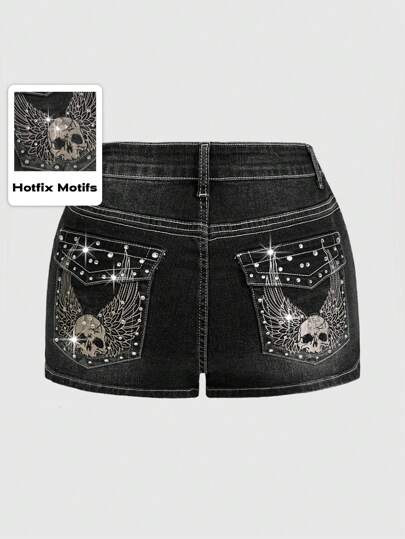 Grunge Punk Pantaloncini di jeans neri da donna in taglie comode con decorazioni in strass, ricami di ali e teschi in stile punk