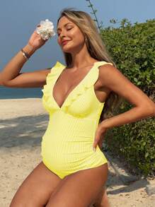 SHEIN Classic Blue & White Stripe V-Neck Elegant Romantic One-Piece Swimsuit For Pregnant Women And New Moms, Vacation Style For Summer