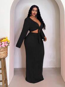 Veslaya Conjunto de suéter de manga larga de un solo color con nudo en la parte delantera y falda midi de punto para mujer talla grande