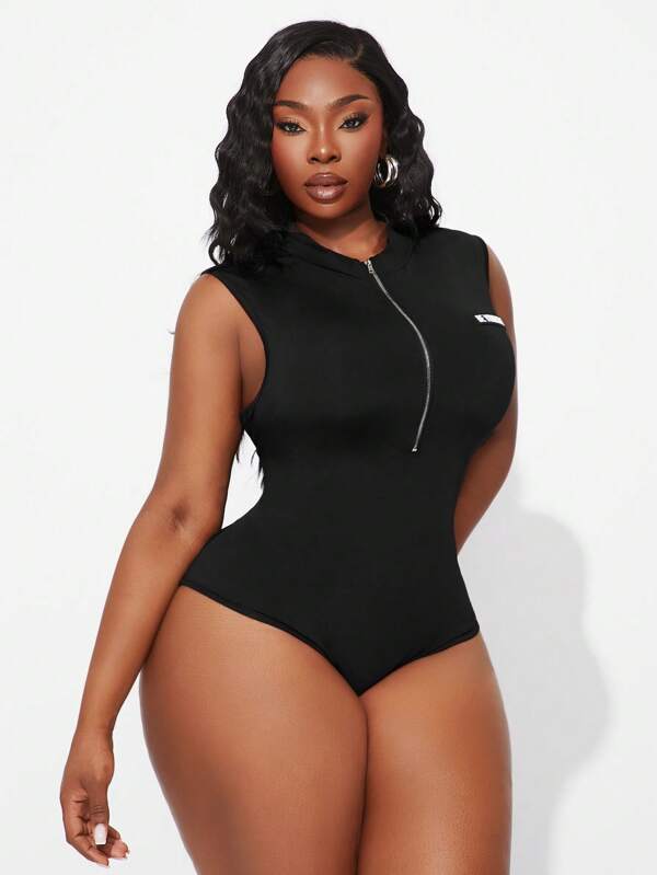 SHEIN SXY Plus Size Women's Black Sleeveless Zipper Front Bodysuit, Suitable For Sexy Office Siren Coquettish, Prom,Ball,Valentine's Day,Cruise Attire,Commuting,Business,Retro,Party,Resort,Outing,Old Money,Richly Layered,Date Night,Gathering,Minimalism,Birthday,Formal Event,Gyaru,Ibiza,Nashville,Break,Modest,Chic,Casul,Shopping, Streetwear,Going Out,Coquette,Accent Your Body,Flatter The Figure