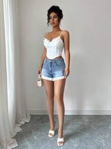 Elenzga Women's Elegant Lace Trim Denim Shorts, Summer - Light Wash - View 6