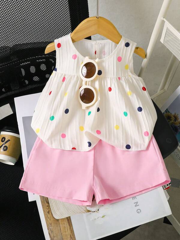 Souflis Souflis Conjunto informal y elegante para vacaciones de primavera/verano para niñas y niñas pequeñas, compuesto por blusa de textura jacquard plisada sin mangas color blanco sólido, combinada con shorts elásticos en la cintura color rosa, estilo francés campestre cómodo y sencillo