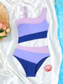 SHEIN Tween Girls' Colorblock Spaghetti Strap Bikini Swimsuit Set, For Beach Holiday Swimming - Multicolor - View 1