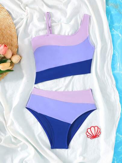 SHEIN Tween Girls' Colorblock Spaghetti Strap Bikini Swimsuit Set, For Beach Holiday Swimming