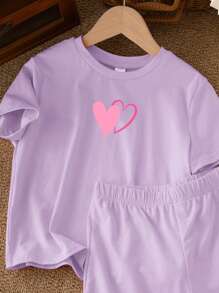 SHEIN Leap Crew 2pcs Tween Girls Casual Simple Short Sleeve Shorts Set, Suitable For Summer - Mauve Purple - View 4