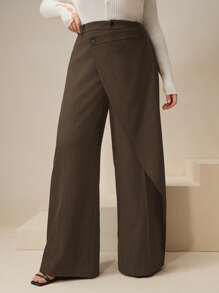 Anewsta 不对称美式宽松飘逸高腰加大码西装裤，修身百搭 - 棕色 - 查看 1