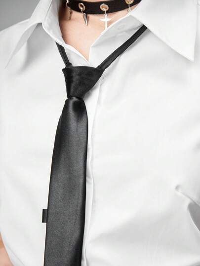 Goth Blusa ajustada de cintura estilo gótico en color blanco con corbata para mujeres, profesional