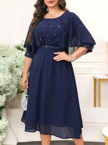 SHEIN Clasi Đầm nữ cổ tròn tay ngắn cánh dơi viền ngọc trai giả cỡ lớn, đầm xanh navy, thích hợp cho mùa hè, đầm trang trọng cho nữ, đầm mùa hè cho nữ - Màu xanh hải quân - Xem 5