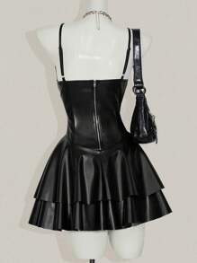 SHEIN ICON Y2K 风格女式酒红色 PU 皮革吊带 V 领迷你连衣裙 - 黑色 - 查看 2