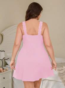 SHEIN 大码女式勃艮第纯色蕾丝花边褶饰针织吊带睡袍，夏季 - 粉色 - 查看 2