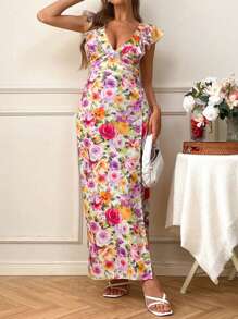 SHEIN VCAY Damen Große Größen Blumen Muster Tiefer V-Ausschnitt Rüschen Saum Sexy Urlaubs Kleid - Pink - Übersicht 5
