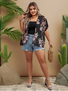 SHEIN VCAY Plus Size Floral Print Batwing Sleeve Open Front Kimono Without Cami Top Summer