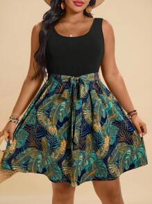 Travachic Robe décontractée à col rond sans manches avec imprimé de plante tropicale, tailles grandes pour femmes