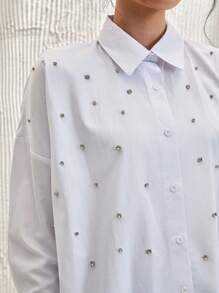 EURMUSE Women's Stylish Rhinestone Embellished Drop Shoulder Shirt - White - View 4