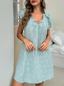 SHEIN Camisón de mujer con decoración de lazo, cuello redondo, mangas abullonadas y diseño con volantes en capas, apto para temporada vacacional y de vacaciones.