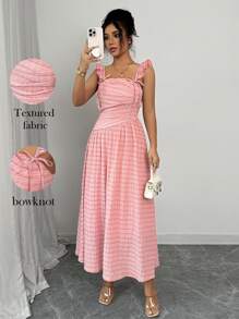 Elenzga Women's Elegant Square Neckline Cap Sleeve Pleated Waist A-Line Long Dress, Simple Design Suitable For Dates, Spring/Summer - Pink - View 1