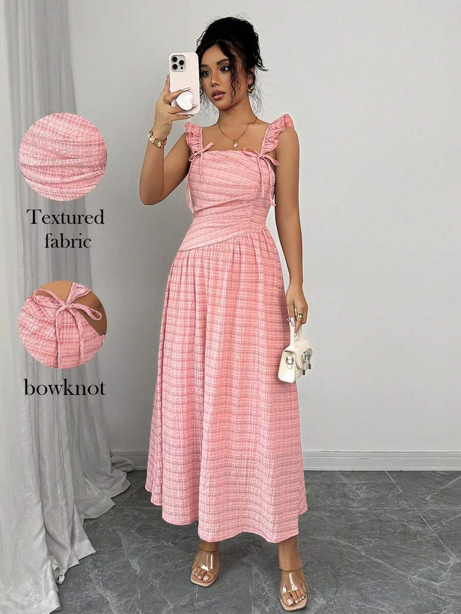 Elenzga Women's Elegant Square Neckline Cap Sleeve Pleated Waist A-Line Long Dress, Simple Design Suitable For Dates, Spring/Summer - Pink - View 1