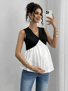 Momance Pregnant Woman's Casual Contrast Color V-Neck Sleeveless Summer Blouse