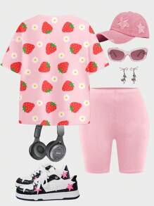 SHEIN 2 件套青少年女孩休闲草莓和雏菊花卉印花短袖 T 恤和紧身短裤套装，适合夏季度假 - 彩色 - 查看 2