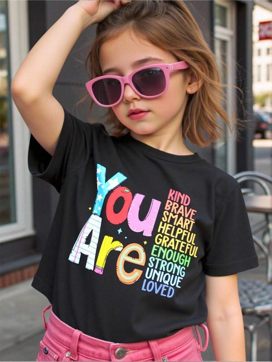 女童字母印花休闲圆领短袖T恤，夏季 - 黑色 - 查看 1