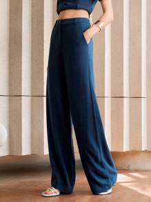 EMERY ROSE Women's Linen Wide Leg Pants, Casual/Office Wear, Work,Navy Blue Linen Suit Pants,Business Casual,Office,Old Money Style,Professional - Navy Blue - View 3