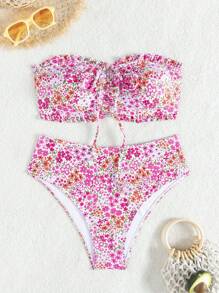 SHEIN Swim 女士海滩夏季服装：新款可爱花卉荷叶边抹胸、可爱碎花、精致珍珠吊坠抽绳比基尼泳装套装 - 彩色 - 查看 4
