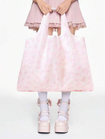 Kawaii Large Capacity Cute Pink Allover Bow Print Foldable Shopping Tote Bag With Coin Purse
