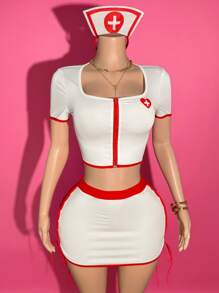 Slaydiva New Summer Sexy Suit Cosplay Nurse Suit Square Neck Front Contrast Red Zipper Love Cross Print Short Sleeve Top + Hip Mini Skirt Side Hollow Bowknot Skirt White And Red Knitted Suit Women's Two Pieces Suit-B - White - View 1