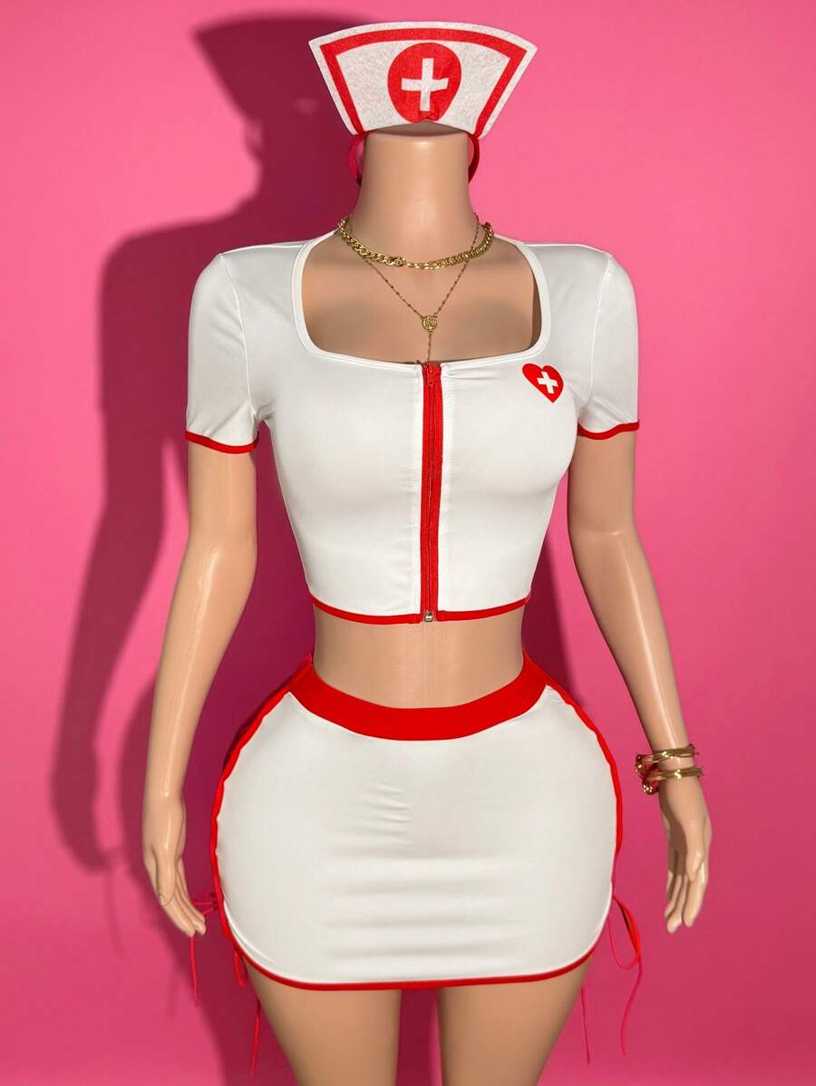 Slaydiva New Summer Sexy Suit Cosplay Nurse Suit Square Neck Front Contrast Red Zipper Love Cross Print Short Sleeve Top + Hip Mini Skirt Side Hollow Bowknot Skirt White And Red Knitted Suit Women's Two Pieces Suit-B - White - View 1