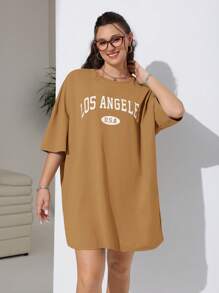 SHEIN EZwear Plus Letter Graphic Drop Shoulder Tee Dress Plus Size T Shirt Girlsy2k Plus Size Clothesoversized T Shirt Women,Summer Dresses For Women,Dresses Casual Oversized T-Shirt Dress - Khaki - View 4