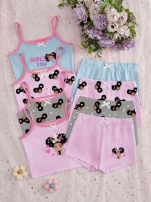 8件套女童简约时尚可爱印花图案吊带背心和三角裤内衣套装 - 彩色 - 查看 5