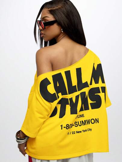 SUMWON WOMEN Tee-shirt surdimensionné à l'épaule dégagée, Top sport décontracté, graphique , streetwear, relaxé et ample, idéal pour le printemps et l'été