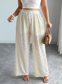 Elenzga Plus Size Women Elegant Textured Drawstring Pants Fall Cloth For Women - Apricot - View 3