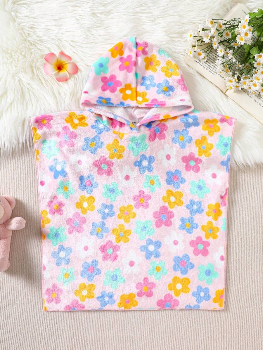 SHEIN Dozemod 女婴可爱卡通花卉印花连帽羊毛柔软舒适裹身浴巾