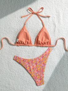 Sweetra Women's Summer Vacation Reversible Ditsy Floral & Plaid Bikini Set