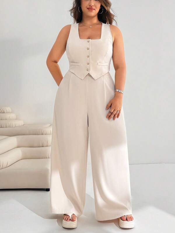 Solflare Set de 2 piezas de chaleco y pantalón en beige para mujer talla grande