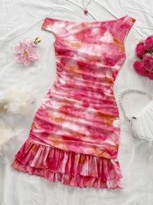 Soleia Women's Romantic Tie Dye Print Asymmetric Shoulder Ruffled Fitted Layered Mini Dress, Versatile For Party, Date, Afternoon Tea, Beach, Wedding, Graduation Season Pink - Multicolor - View 3