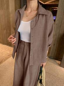 DAZY 2pcs/Set Elegant Women Blouse Top And Casual Trousers Set Fall/Winter - Camel - View 2