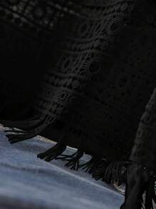 CosyJoli 大码女士休闲纯色蕾丝拼接吊带背心/上衣，夏季，商务休闲女装，略微透视，外出上衣 - 黑色 - 查看 6