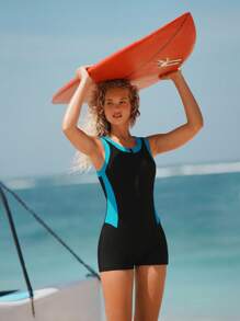 Swim SPRTY Traje de baño de una pieza para mujer, nuevo diseño de verano, con cierre delantero con cremallera, unicolor y sin mangas, con diseño decorativo de corte lateral, apto para deportes y surf - Multicolor - Ver 5