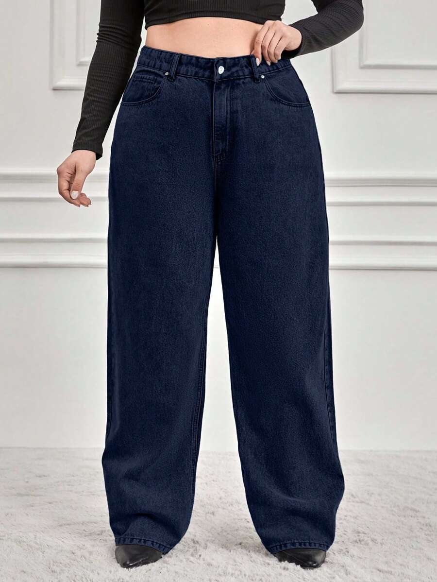 RueChic 100%Cotton Women's Plus Size Straight Leg Jeans - Dark Wash - View 1