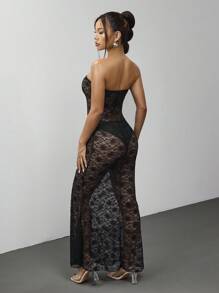 SHEIN Unity Sexy Lace Bandeau Mermaid Hem Dress, Spring/Summer - Black - View 2