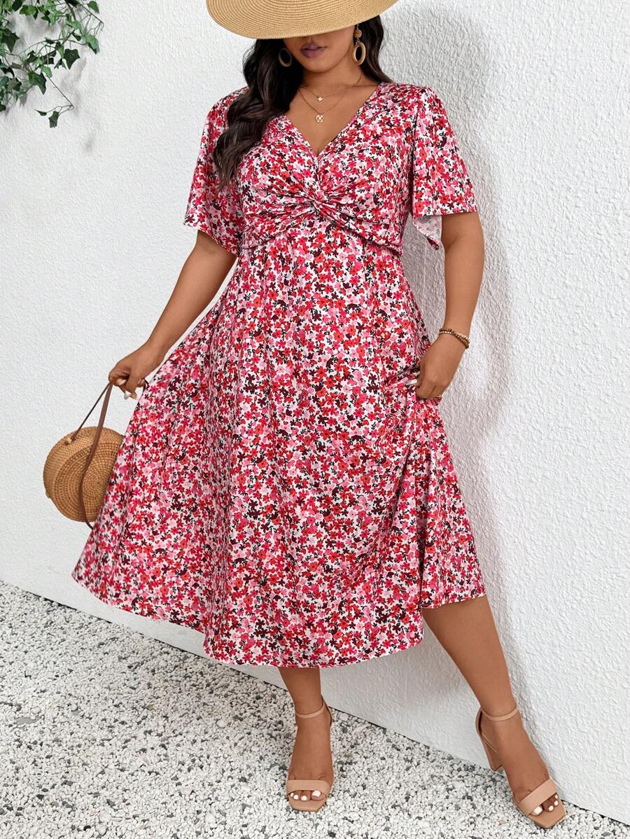 SHEIN Frenchy Große Größen Sommerkleid mit Ditsy-Blumendruck, V-Ausschnitt und geknoteten Ärmeln - Verschiedenfarbig - Übersicht 1