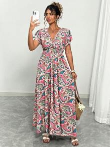 Elenzga Plus Size Women Elegant One-Shoulder Cinched Waist Sexy Fresh Floral Print Casual Dress For Spring & Summer - Multicolor - View 6