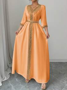 Elenzga Women's Elegant Tassel Sequin Patchwork Dress - Orange - View 6